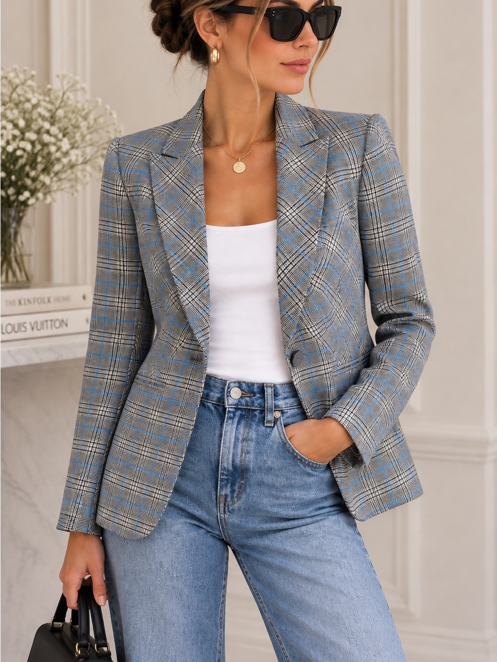 Rebecca Taylor Plaid Blazer Size 2 Gray Blue Glen Check Tailored Jacket